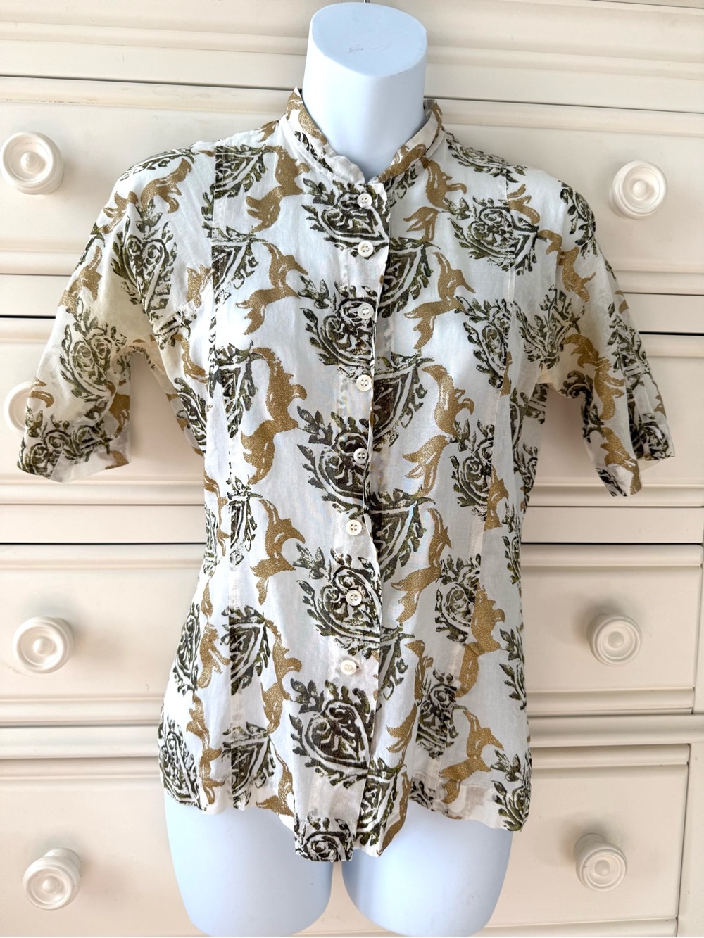 Dries van Noten Vintage Short-Sleeve  Blouse - Cream Olive & Gold Floral